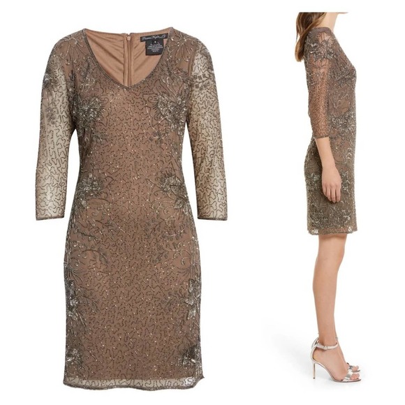 Pisarro Nights Dresses & Skirts - Pisarro Nights Formal Dress Beaded V-neck Cocktail Dress in Mocha Size 4 NWT